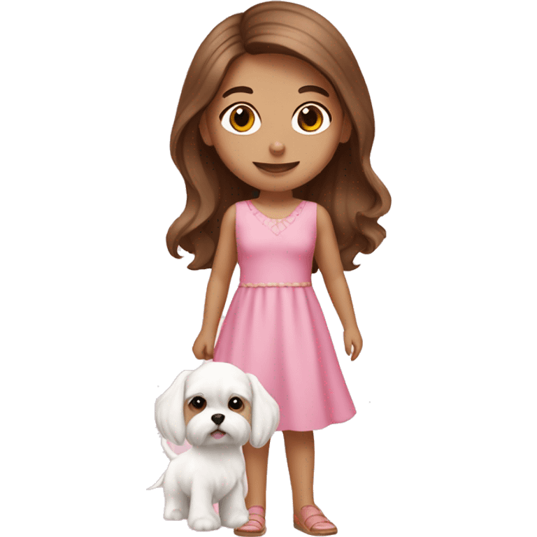 Brown hair girl with maltese puppy with pink dress emoji