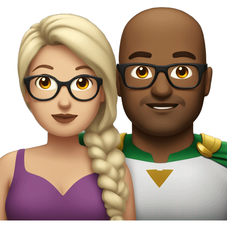 Plus sized super hero couple. Both wearing glasses. Man has shaved head. Woman has brown hair.  emoji