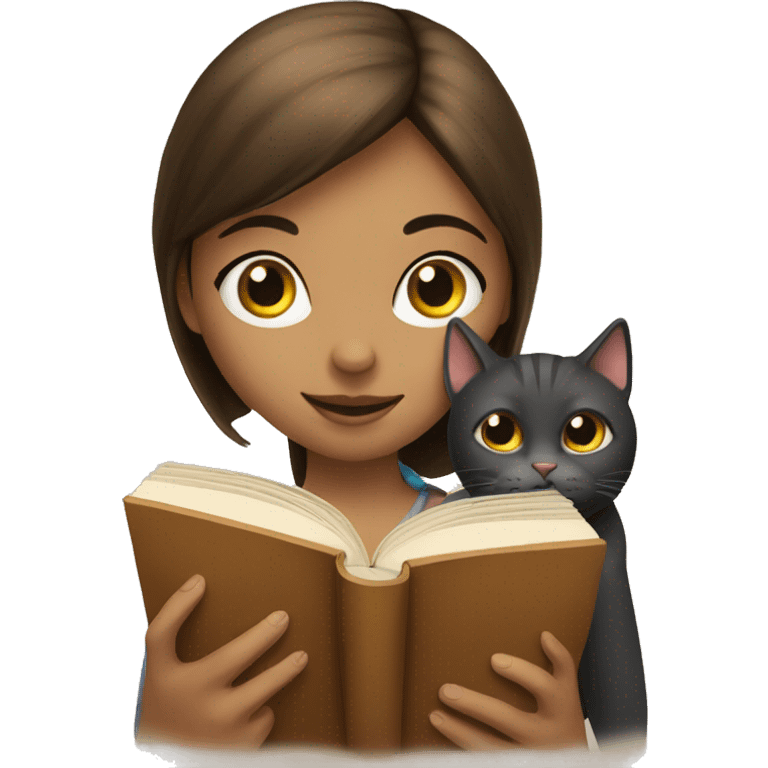 a girl reading a book and a cat emoji