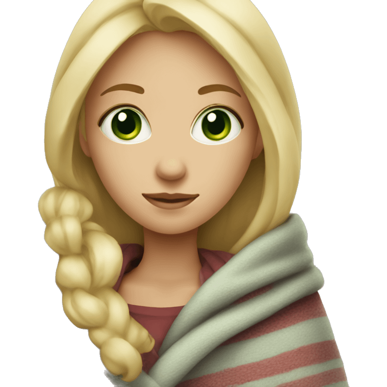 Blonde girl with green eyes wrapped in blanket cozy emoji