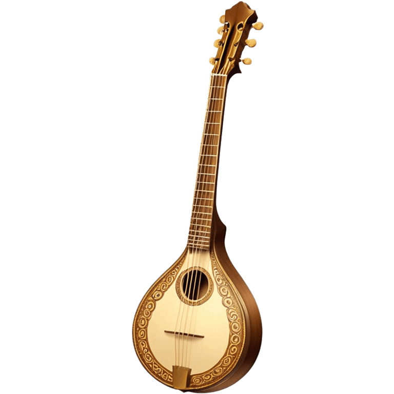 Bouzouki – Cinematic Realistic Bouzouki, depicted as a beautifully crafted Greek string instrument with a long neck and ornate fretwork, its polished wooden body reflecting warm golden light, set on a rustic background with soft shadows that evoke traditional Mediterranean music. emoji