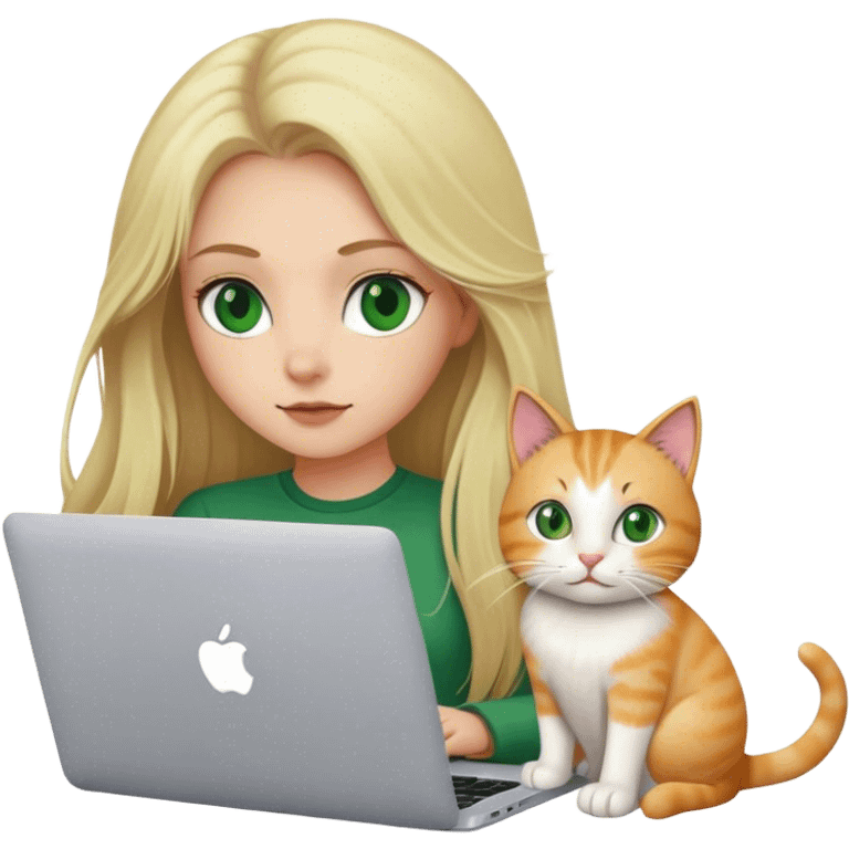 Long hair Blonde girl green eyes with apple MacBook and a cat emoji