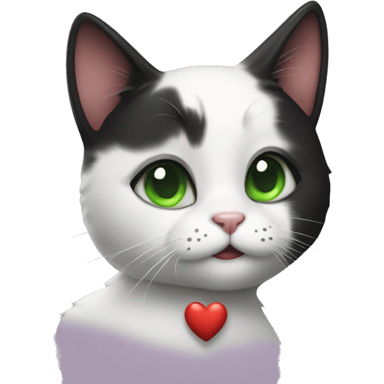 Realistic Black and white cat with green eyes holding a heart emoji