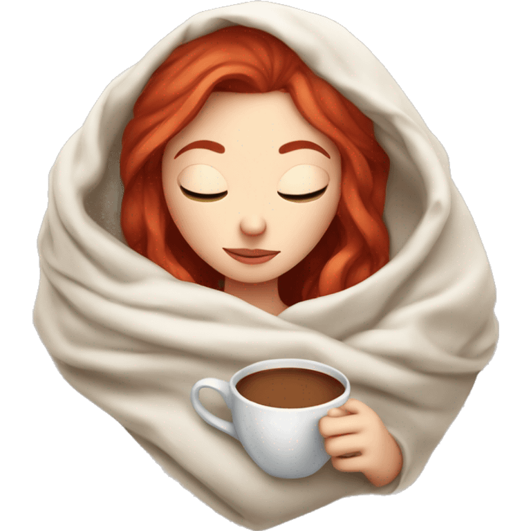 white girl red hair inside a blanket sipping coffee eyes closed emoji