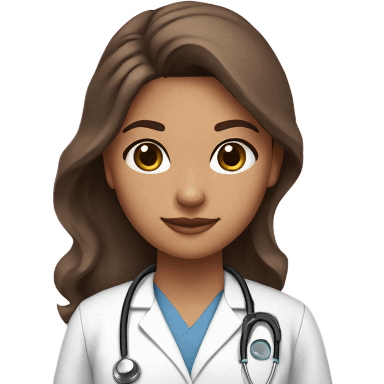 Tan skin color girl with dark brown eyes and long thick eyelashes. She has long brown wavy hair. She has a pink scrubs set on her as her clothes, with a pink stethoscope around neck.  emoji