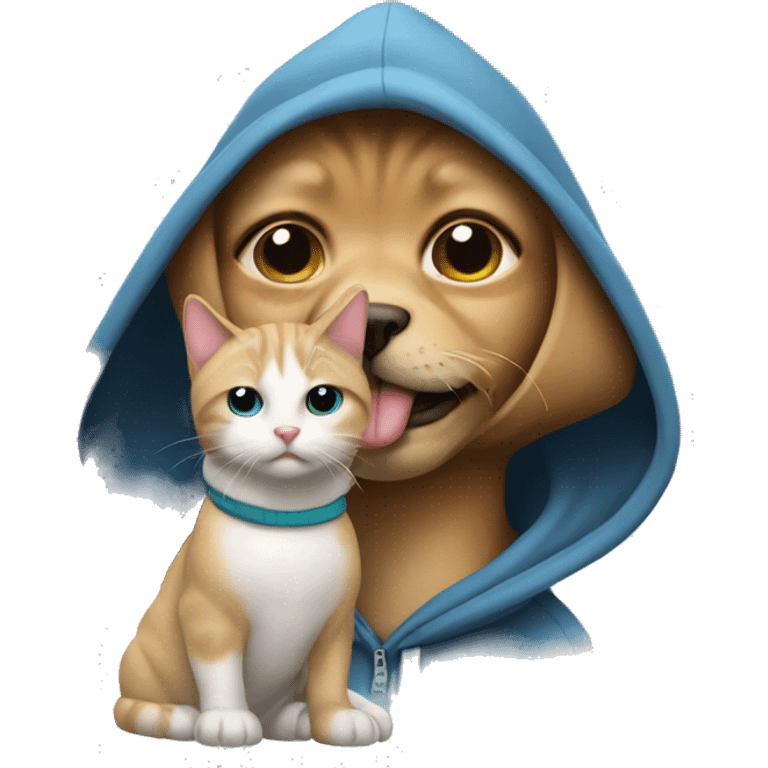 cat wearing a hoodie and kiss dog cheek  emoji