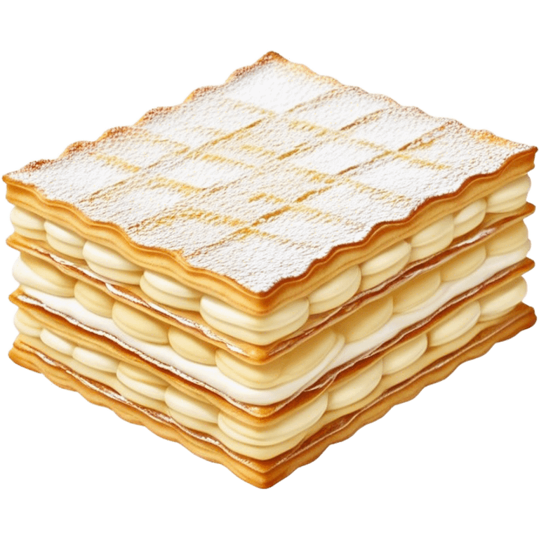 Cinematic delicate mille-feuille, thin crispy pastry layers filled with smooth vanilla cream, dusted with powdered sugar, elegant presentation, highly detailed and sophisticated. emoji