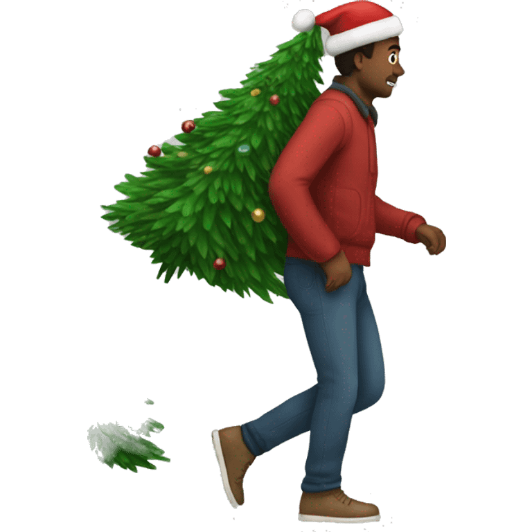 A man walking with a christmas tree on his back  emoji