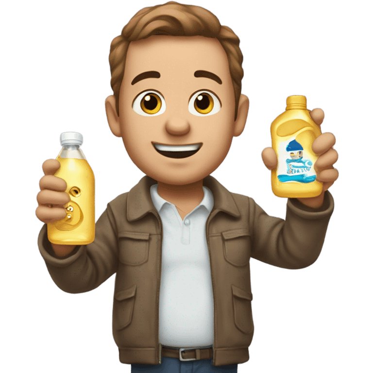 O Duffy holding a bottle of baby oil in his hand and holding a baby in his other hand emoji