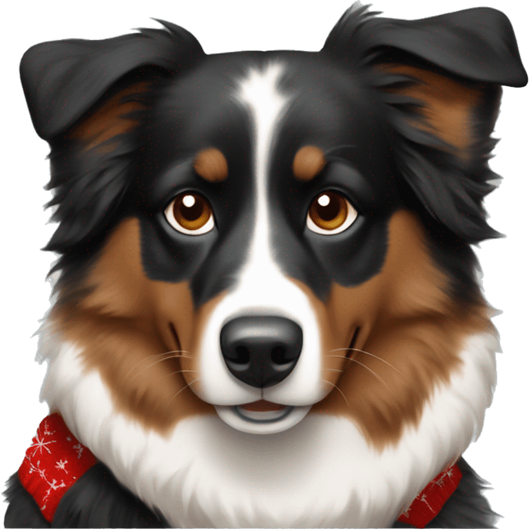 Black and brown Australian shepherd with Christmas sweater emoji