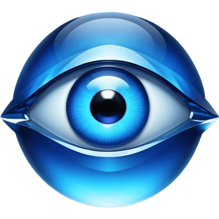 Cinematic Realistic image of a glass Evil Eye blue stone, rendered with translucent, luminous blue hues and finely cut facets that catch soft reflective light, set against a dark, minimalist backdrop to emphasize its mystical allure. emoji