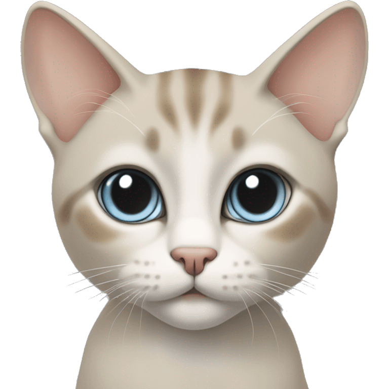 Thai breed cat with a light cream-brown body, dark gray face, ears, and paws. Short fur, sharp ears, and striking light blue eyes with an intense gaze. emoji