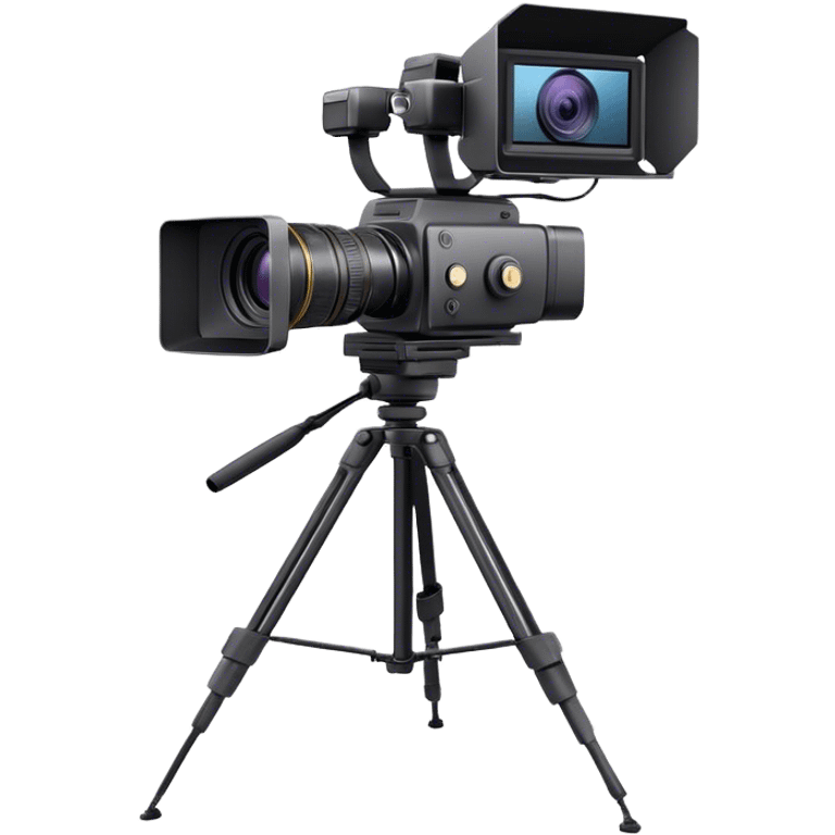 Create an emoji for video recording. Show a  single lens professional video camera with screen and image on it, on heavy tripod. Use modern, professional colors. Do not include any emojis or smiley faces. Make the background transparent. emoji