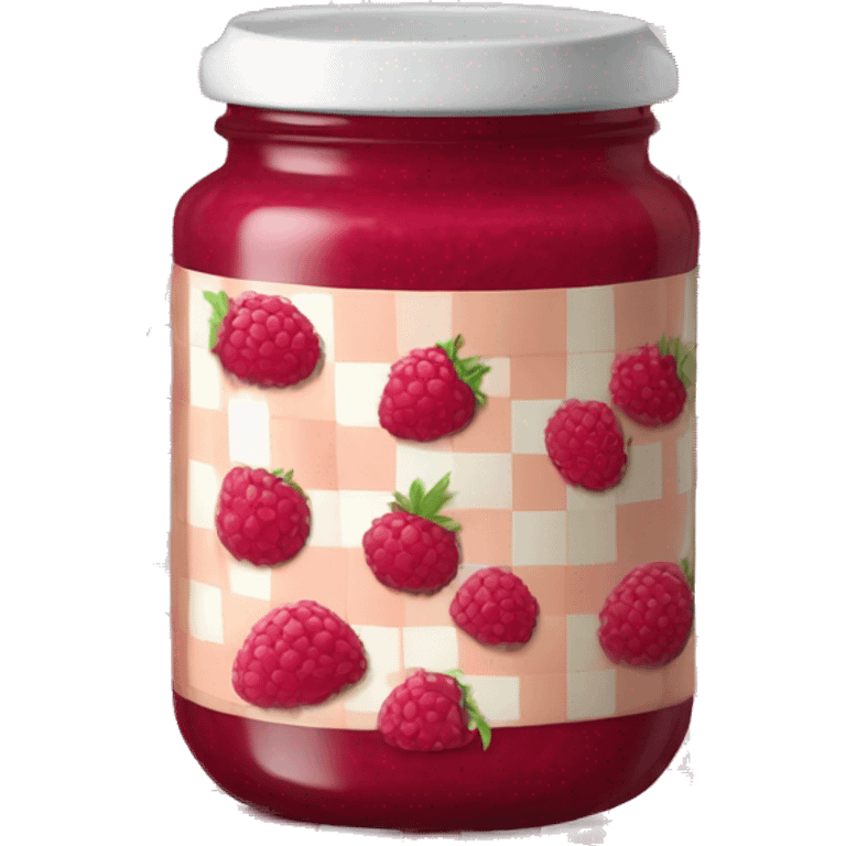 Jar filled with raspberry coloured jam, red and white checkered lid  emoji