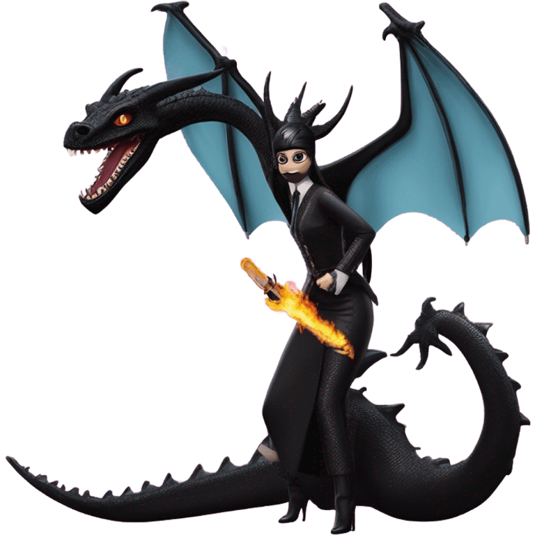 masked, empowered and glamorously dressed, Wednesday Addams Malibu Beach Barbie Jedi flying/riding on the back of a very large black shiny evil-looking fire-spewing horned dragon. proper scale emoji