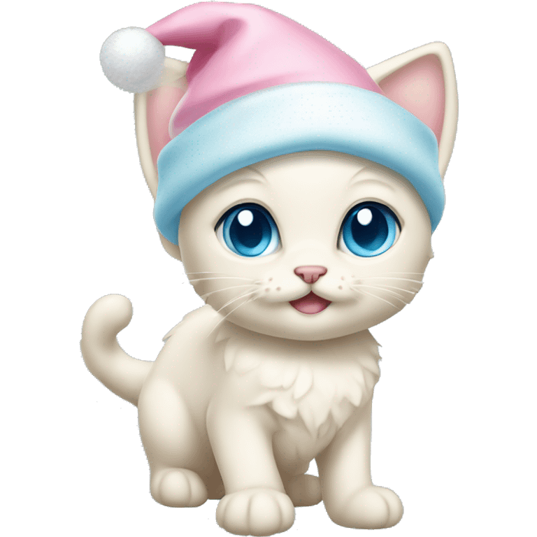 Cream kitten whole body with pastel blue eyes, and with pink Christmas hat emoji