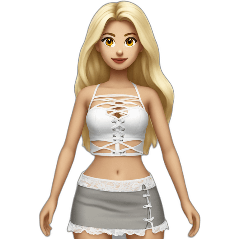 hyperrealistic caucasian blonde female, long straight hair, white lace-up crop bustier, grey tight mini skirt, full view emoji