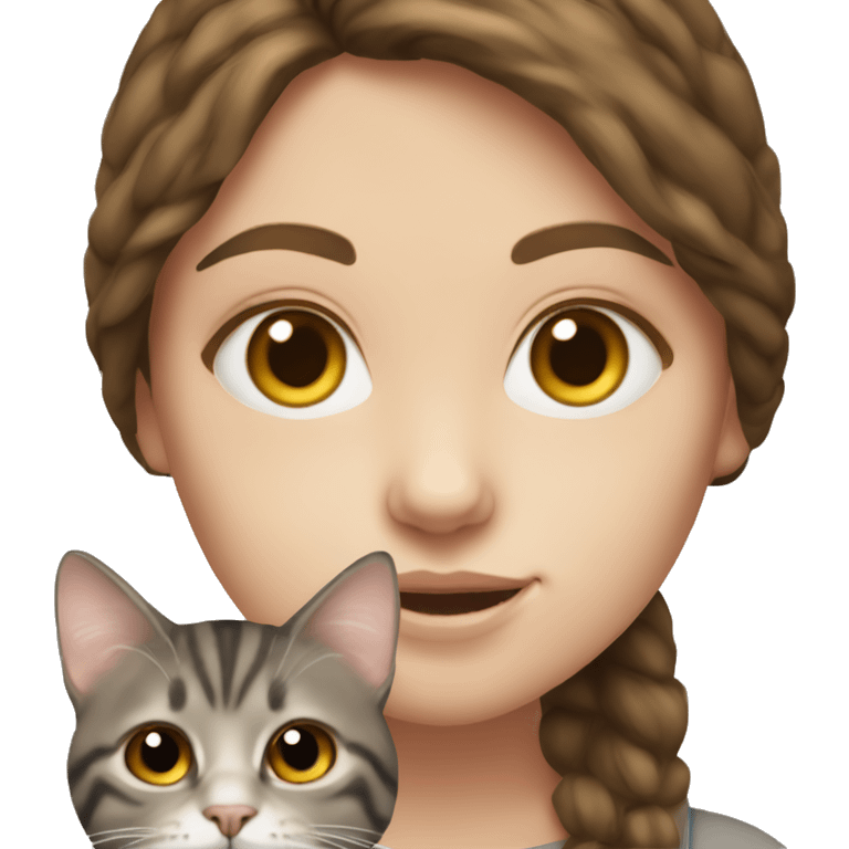 brown haired girl with pale skin holding greyish brown tabby cat realistic  emoji