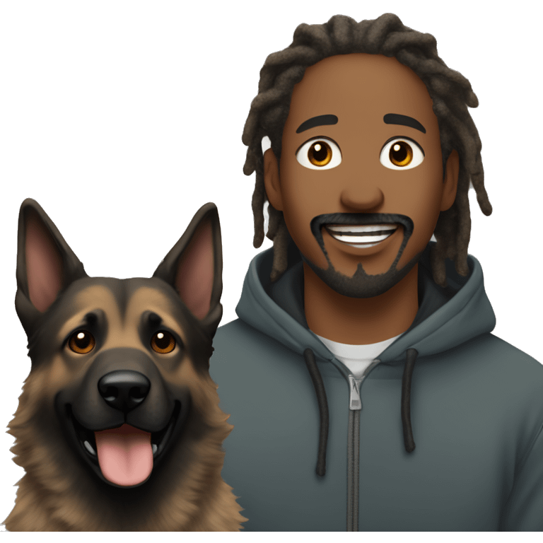 man with dreadlocks, mustache and goatee expressing joy dressed in a hoodie alongside a dark brindle colored german shepherd dog emoji