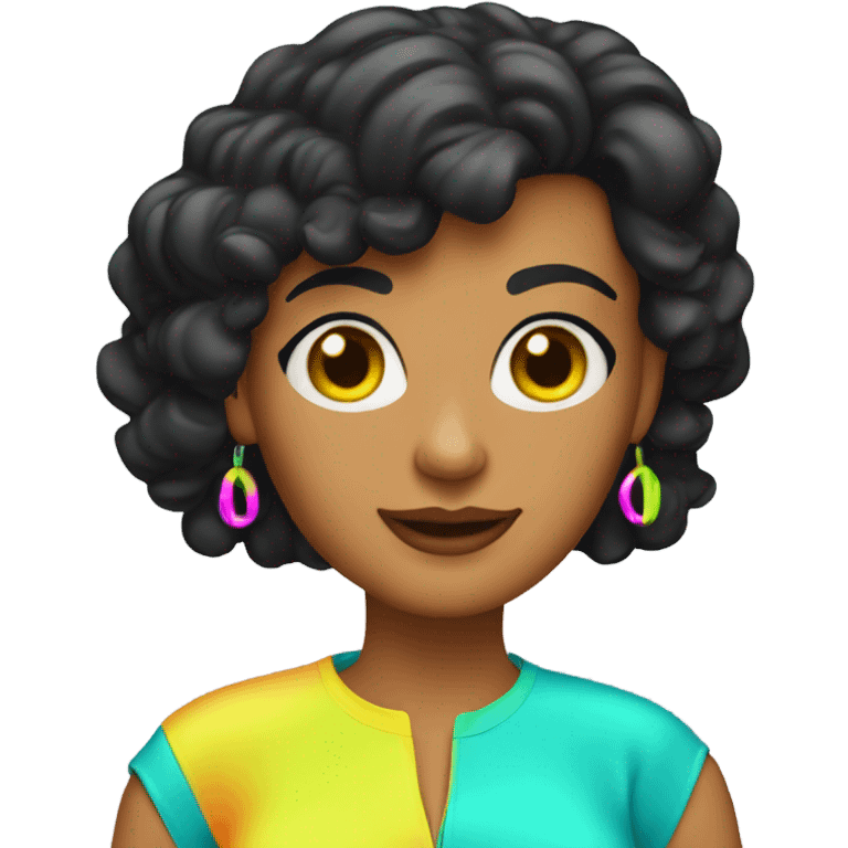 Tanned woman with black hair wearing 1980s style neon outfit and hair emoji