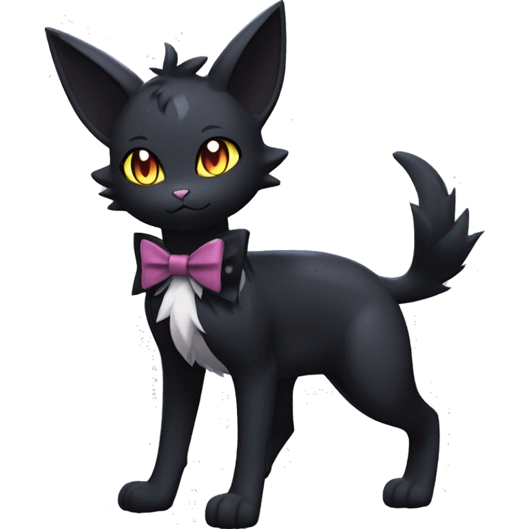 Shiny Dark Cool Edgy Black beautiful ethereal fantasy Kawaii Sona Umbreon-Litten-Fakemon-cat-animal with edgy bat-ears bow tie black emo-mane vtuber model Full Body emoji