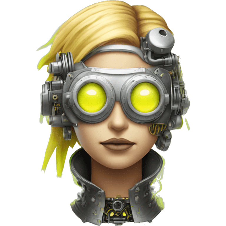 Caucasian female cyborg head with Neon yellow bobbed hair, silver steampunk goggles and circuits emoji