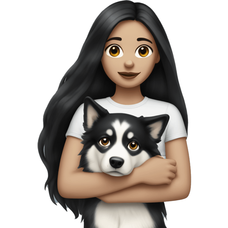 Pale girl with long black hair holding Alaskan husky emoji