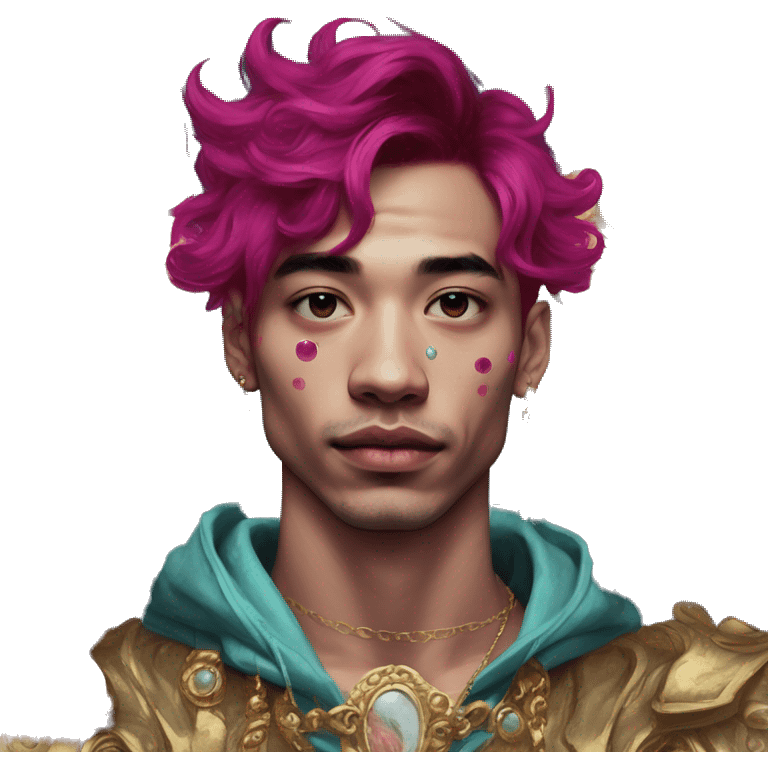 Vintage painting swirls gold jewellery baroque raven wings angel tropical Deep pink maroon burgundy cyan dark hoodie man vitiligo dyed hair gold piercings nose piercing ear piercings emoji