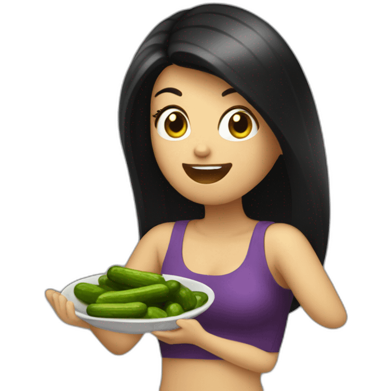 white woman with black long straight hair dancing salsa while eating pickles emoji