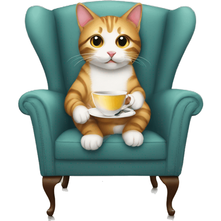 cat drinking tea looking at camera sitting in a chair emoji