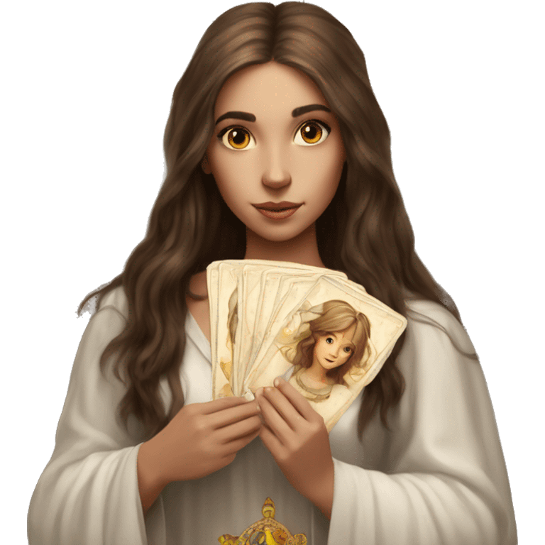 Beautiful angelic girl with straight brown hair with tarot cards emoji