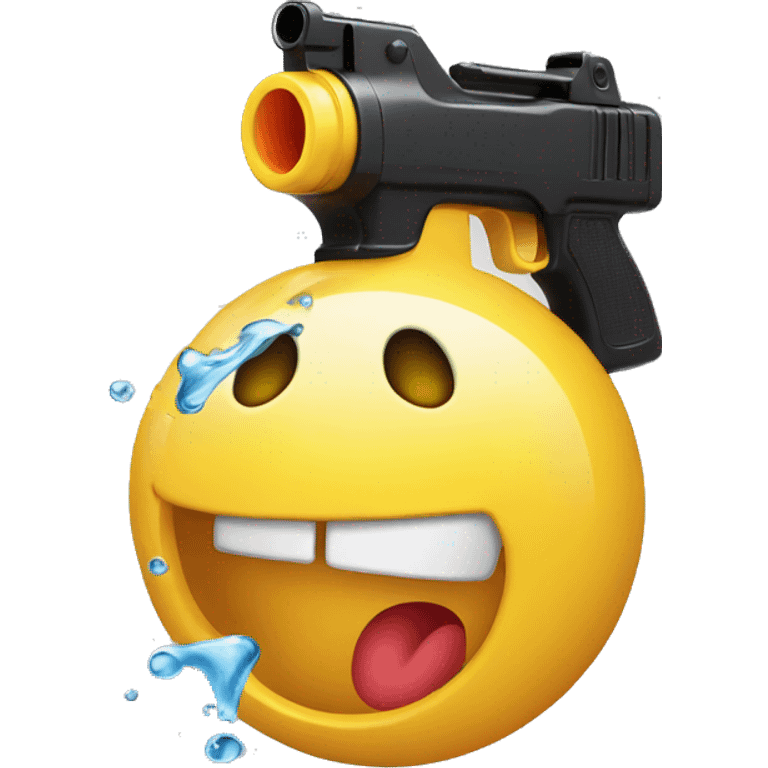 Smiling emoji with a black plastic water pistol pointed into its mouth emoji