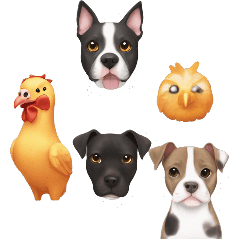 Brown Tabby cat, Grey pitbull with white neck and black spots, black dog with whit neck and 4 orange chickens emoji