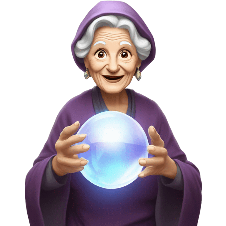 Wise Old Lady Fortune teller with crystal ball looking into the camera smiling emoji