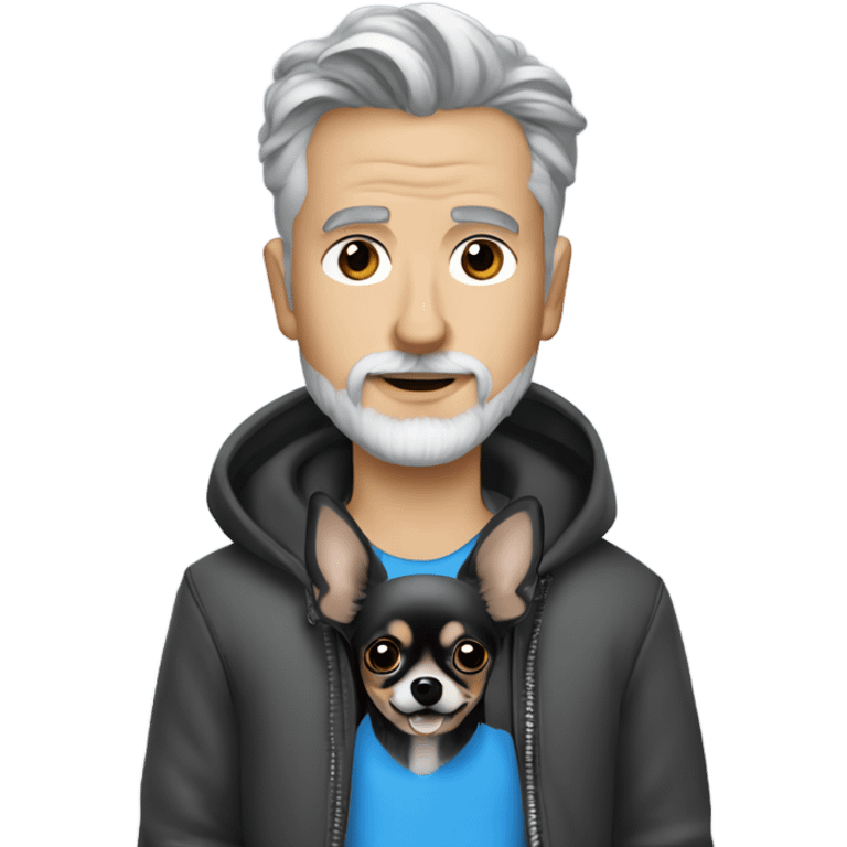 man blue eyes gray hair gray goatee ball cap holding black longhair chihuahua  emoji