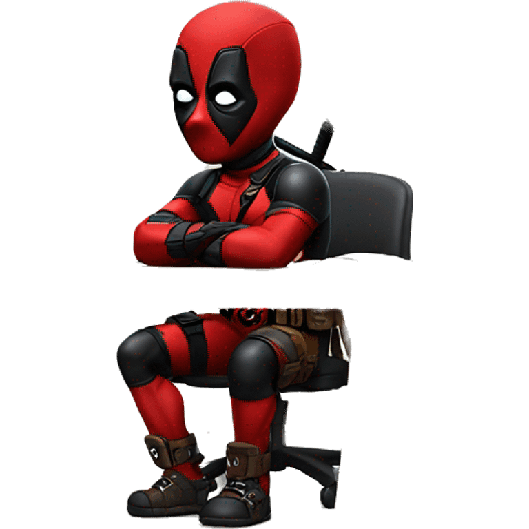 Cute Deadpool sitting at a desk, front view emoji