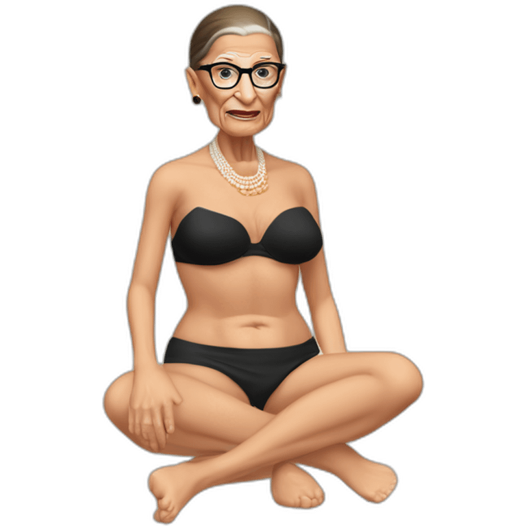 sexy ruth bader ginsburg wearing crotchless bikini bottoms bare chest (full body, ios17, sitting indian style on the ground, legs apart) emoji