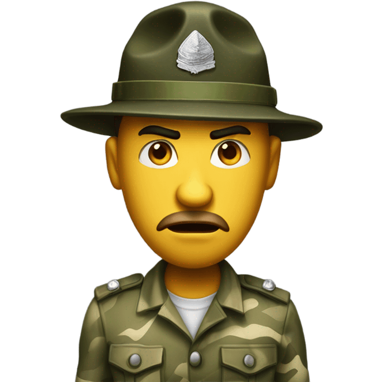 drill sergeant character wearing a classic sergeant hat and a camouflage army shirt. The character should have an angry intense expression. full torso emoji