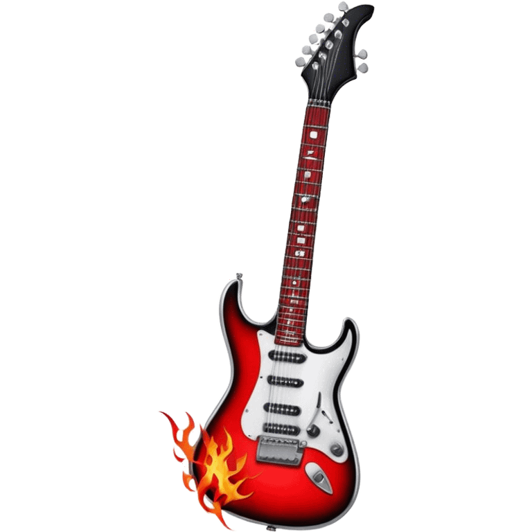 Create a bold and powerful emoji representing rock vocal performance in a humanless collage. The design should feature a vintage microphone at the center, surrounded by a heavy, aggressive hardcore electric guitar with sharp, jagged edges. Include crossed drumsticks behind the guitar, symbolizing the intense rhythm of rock music. Add fiery elements like flames or lightning bolts to enhance the raw energy of the design. Use dark, bold colors like black, red, and silver, with metallic or chrome accents to reflect the rebellious, hard-hitting nature of rock. The background should be transparent. emoji