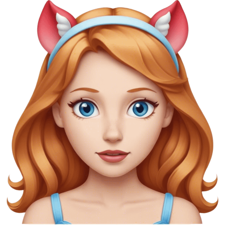 Strawberry blonde woman with blue eyes wearing Disney ears on head emoji