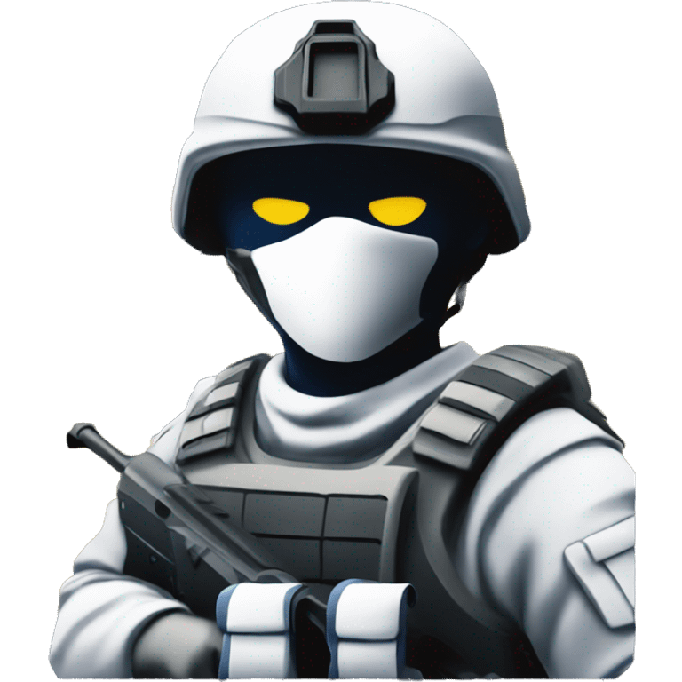 Generate an emoji of the Counter-Strike 2 logo: a white silhouette of a soldier. The background should be split into two sections, with solid yellow on the left and dark blue on the right. emoji