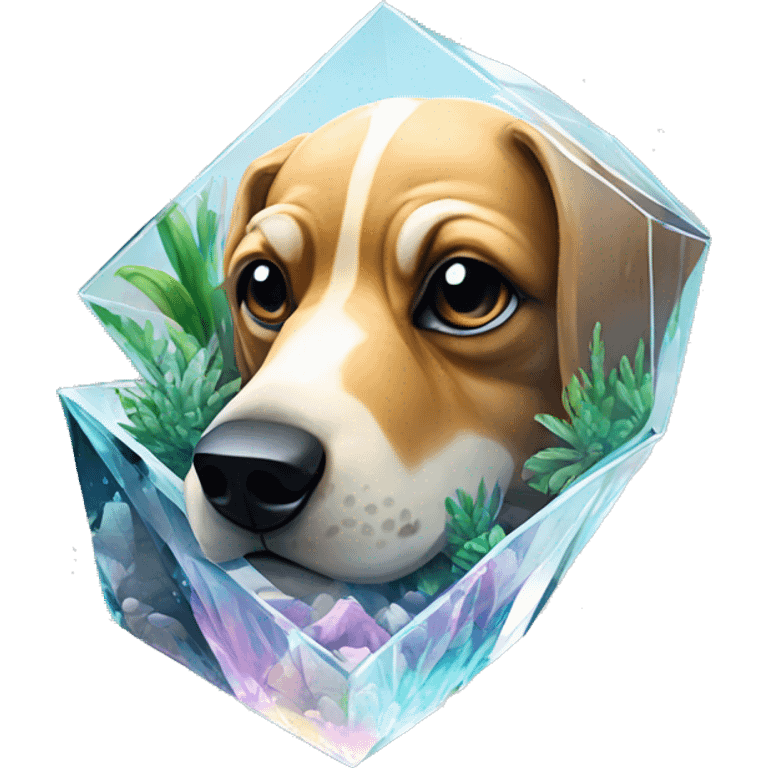 A dog made of glass mirror crystals prisms glass transparent filled with plants as a terrarium with graffiti doodles emoji