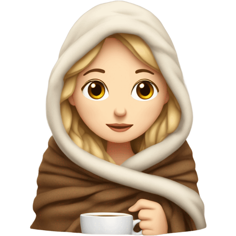 White girl inside a blanket sipping coffee eyes closed emoji