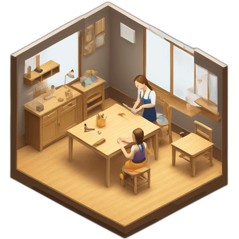 isometric square transparent solid outline border containing indoor woodworking teacher with student teaching in creative workshop on long table emoji