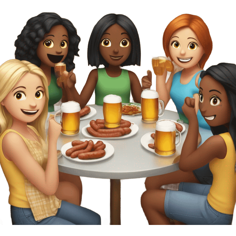 Five girls drinking pints of beer and eating sausage emoji