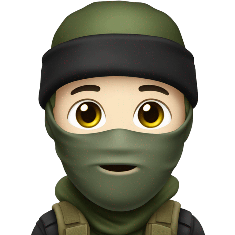 male, tall, white skin, black mask, green camo tactical gear, combat boots, black beanie, hazel eyes emoji