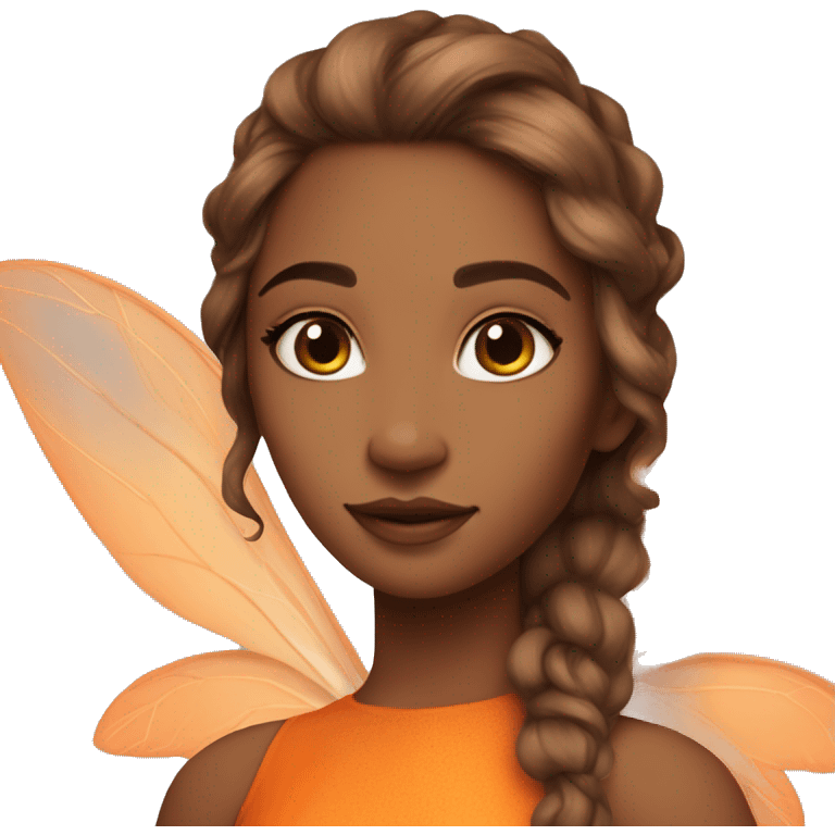 Beautiful, leaf, fairy,beautiful makeup, orange shadows ,light skin, orange outfit , long brown hair, big wings emoji