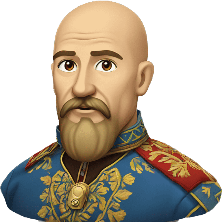 a Cossack warrior, The Cossack has a shaved head and a long strand of hair on one side. He has a thick, curved mustache and wears a gold earring in his left ear. He is wearing a simple Ukrainian embroidered shirt emoji