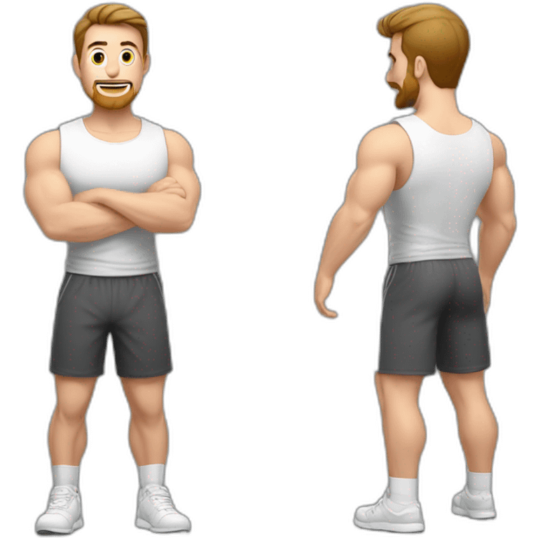 Full height Actively gesturing with hands Pale skinned Fit Man With the biceps and brown hair in dark gray Sleeveless Mike, black oversize sports shorts and white Sneakers emoji