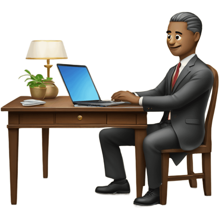 Rich man working setting on a chair and near the table with laptop he is Chinese  emoji